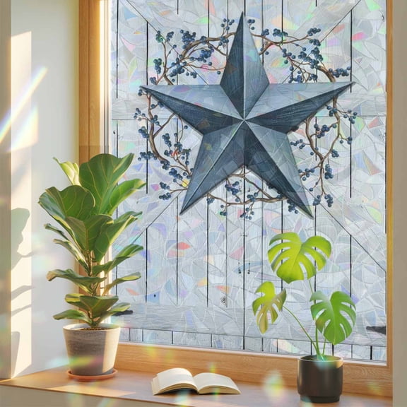 Window Privacy Film Blue Barn Star Berry Stained Glass Window Film Rustic Farmhouse Door Wall Rainbow Static Window Clings for Glass Windows Home Bathroom Living Room Office Door Sticker 17.7"39.3"