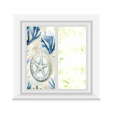 Window Privacy Film Blue Beach Coastal Stained Glass Window Film Decorative Sun Block Window Cover Summer Starfish Shell Nautical Window Clings Static Adhesive Sticker for Bathroom 19.6"x39.3"