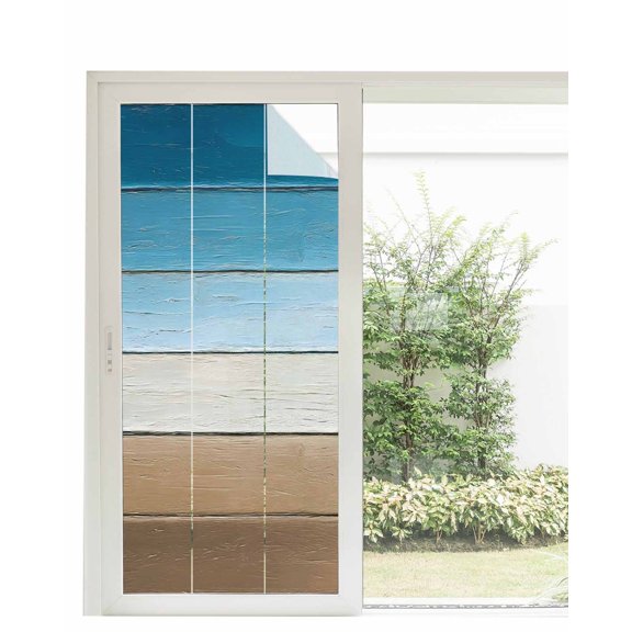 Window Privacy Film Blue Beige Brown Stained Glass Window Film Decorative Sun Block Window Cover Country Retro Gradient Wooden Grain Window Clings Static Adhesive Sticker for Bathroom 35.4"x78.7"