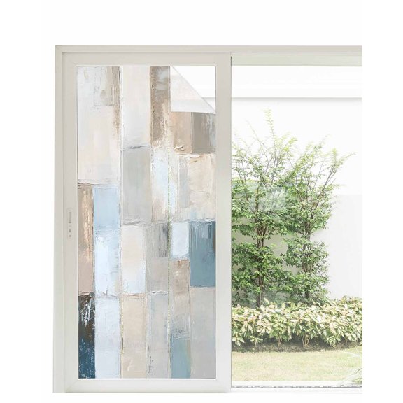 Window Privacy Film Blue Beige Color Blocks Stained Glass Window Film Decorative Sun Block Window Cover Abstract Oil Painting Geometric Window Clings Static Adhesive Sticker for Bathroom 35.4"x78.7"