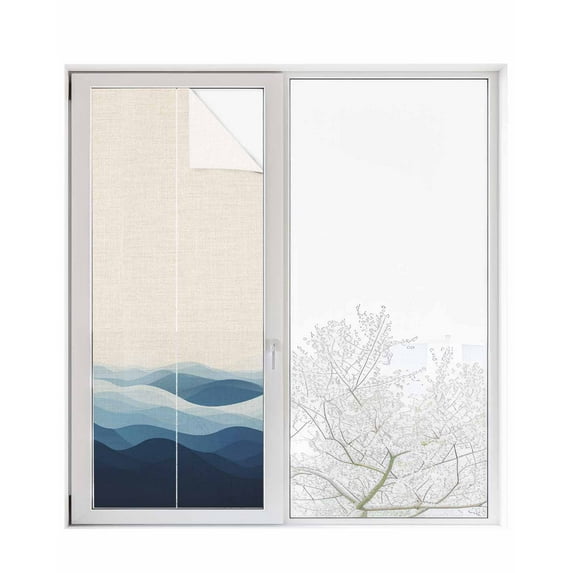 Window Privacy Film Blue Beige Ombre Stained Glass Window Film Decorative Sun Block Window Cover Minimalist Ocean Waves Linen Window Clings Static Adhesive Sticker for Bathroom 29.5"x78.7"