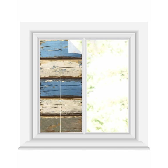 Window Privacy Film Blue Beige Wood Grain Stained Glass Window Film Decorative Sun Block Window Cover Modern Shabby Chic Board Window Clings Static Adhesive Sticker for Bathroom 17.7"x39.3"