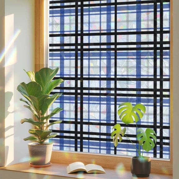 Window Privacy Film Blue Black Buffalo Plaid Stained Glass Window Film Check Stripe Rainbow Static Window Clings for Glass Windows Home Bathroom Living Room Office Glass Door Sticker 17.7"39.3"