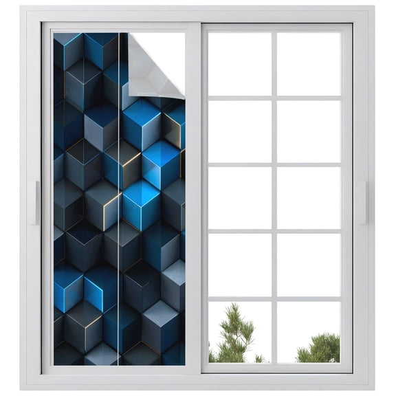 Window Privacy Film Blue Black Geometric Stained Glass Window Film Decorative Sun Block Window Cover Modern Abstract Cube Textured Window Clings Static Adhesive Sticker for Bathroom 23.6"x59"