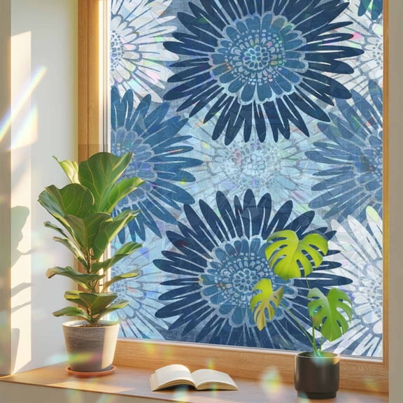 Window Privacy Film Blue Bloom Floral Stained Glass Window Film Coastal Daisy Flower Rainbow Static Window Clings for Glass Windows Home Bathroom Living Room Office Glass Door Sticker 17.7"39.3"