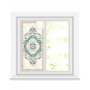 Window Privacy Film Blue Boho Floral Stained Glass Window Film Decorative Sun Block Window Cover Aztec Ethnic Abstract Aesthetic Art Window Clings Static Adhesive Sticker for Bathroom 17.7"x39.3"