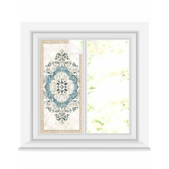 Window Privacy Film Blue Boho Floral Stained Glass Window Film Decorative Sun Block Window Cover Aztec Ethnic Abstract Aesthetic Art Window Clings Static Adhesive Sticker for Bathroom 17.7"x39.3"