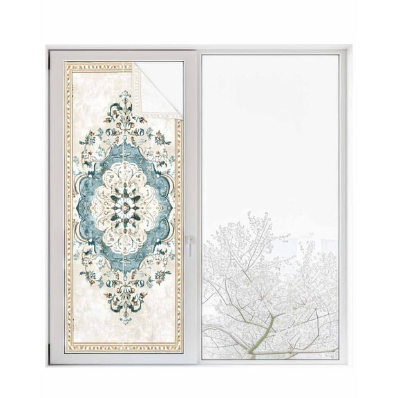 Window Privacy Film Blue Boho Floral Stained Glass Window Film Decorative Sun Block Window Cover Aztec Ethnic Abstract Aesthetic Art Window Clings Static Adhesive Sticker for Bathroom 23.6"x59"