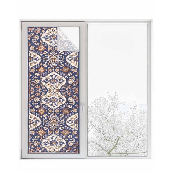 Window Privacy Film Blue Boho Stained Glass Window Film Decorative Sun Block Window Cover Farmhouse Neutral Flowers Pattern Aesthetic Window Clings Static Adhesive Sticker for Bathroom 23.6"x59"