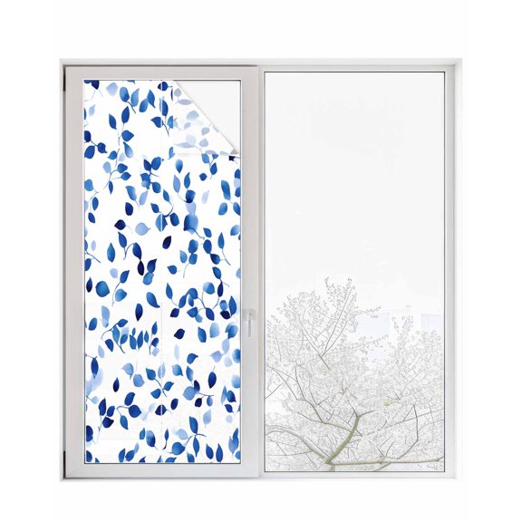 Window Privacy Film Blue Botanical Stained Glass Window Film Decorative Sun Block Window Cover Spring Summer Leaf Pastoral Elegant Window Clings Static Adhesive Sticker for Bathroom 23.6"x59"
