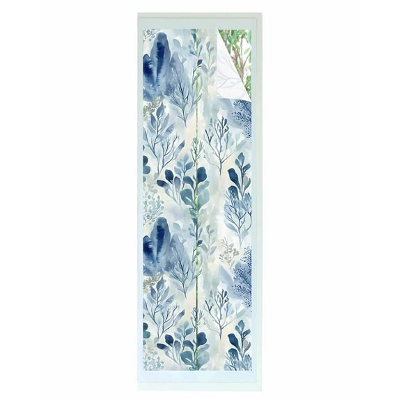 Window Privacy Film Blue Botanical Stained Glass Window Film Decorative Sun Block Window Cover Vintage Impressionist Style Watercolor Window Clings Static Adhesive Sticker for Bathroom 29.5"x118"