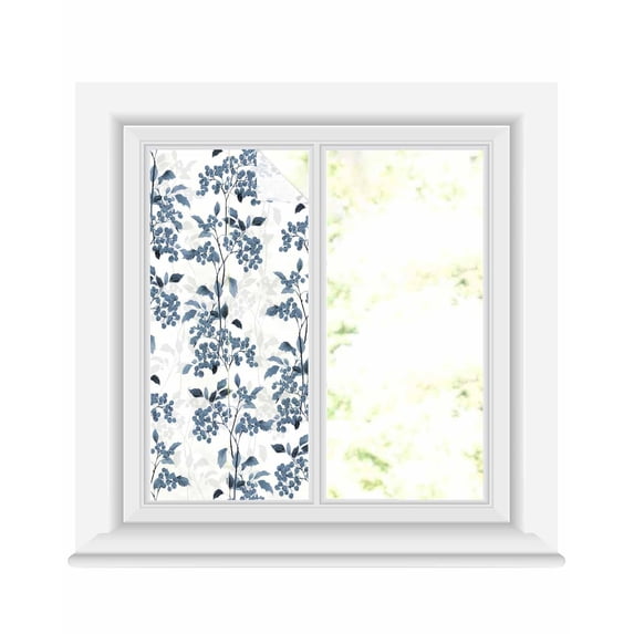 Window Privacy Film Blue Botanical Stained Glass Window Film Decorative Sun Block Window Cover Vintage Nature Flower Floral Window Clings Static Adhesive Sticker for Bathroom 17.7"x39.3"