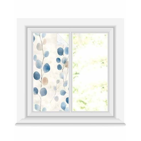 Window Privacy Film Blue Brown Botanical Stained Glass Window Film Decorative Sun Block Window Cover Pastoral Summer Leaves Watercolor Window Clings Static Adhesive Sticker for Bathroom 17.7"x39.3"