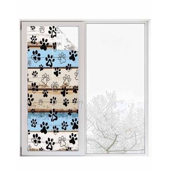 Window Privacy Film Blue Brown Paw Prints Stained Glass Window Film Decorative Sun Block Window Cover Vintage Farmhouse Rustic Wooden Grain Window Clings Static Sticker for Bathroom 23.6"x59"
