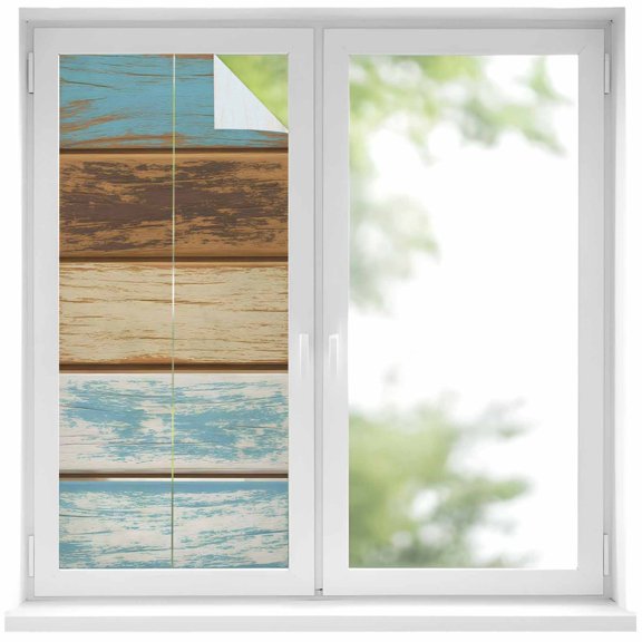 Window Privacy Film Blue Brown Stained Glass Window Film Decorative Sun Block Window Cover Farmhouse Rustic Wooden Plank Board Window Clings Static Adhesive Sticker for Bathroom 19.6"x39.3"