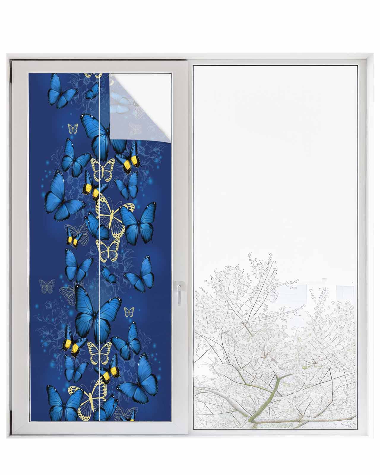 Window Privacy Film Blue Butterfly Stained Glass Window Film Decorative Sun Block Window Cover Farmhouse Modern Nature Animals Art Window Clings Static Adhesive Sticker for Bathroom 23.6"x59"