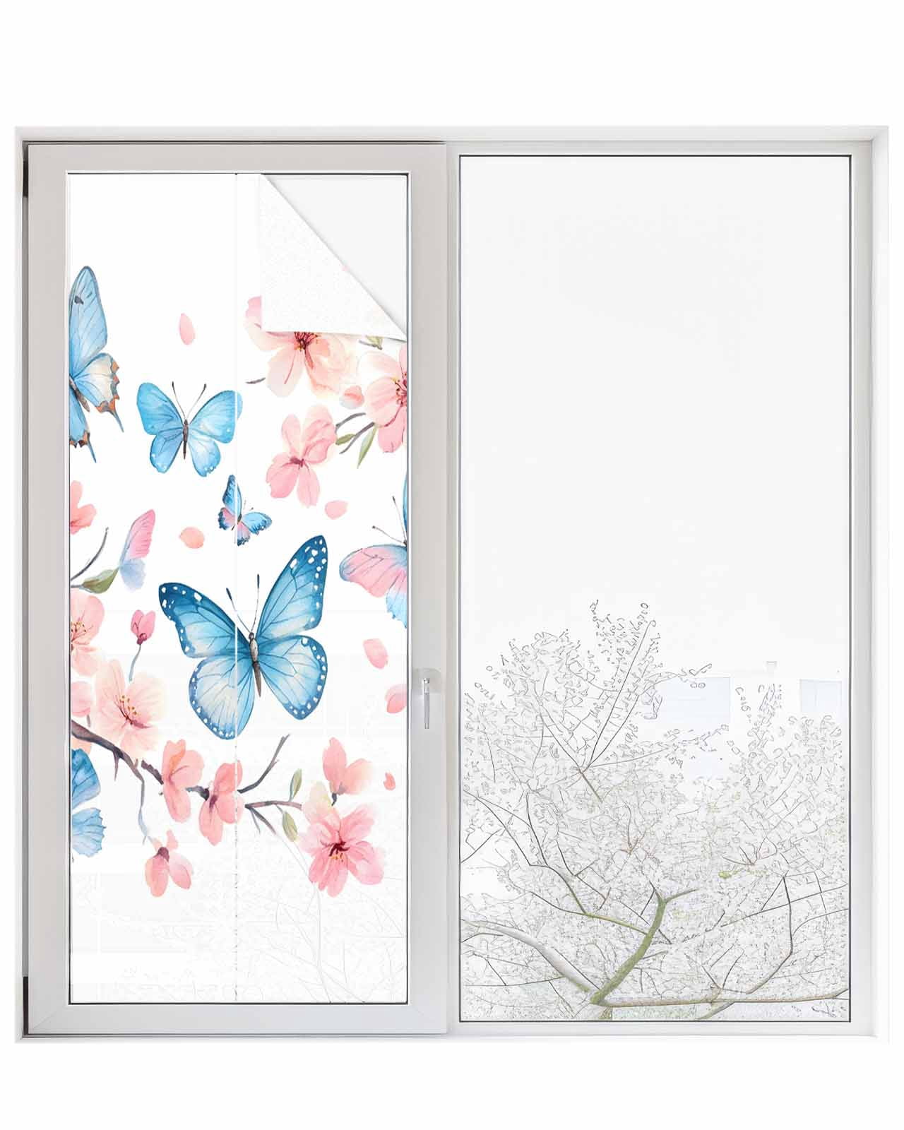 Window Privacy Film Blue Butterfly Stained Glass Window Film Decorative Sun Block Window Cover Watercolor Spring Natural Flowers Window Clings Static Adhesive Sticker for Bathroom 23.6"x59"