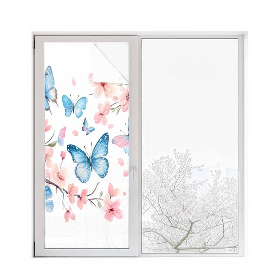 Window Privacy Film Blue Butterfly Stained Glass Window Film Decorative Sun Block Window Cover Watercolor Spring Natural Flowers Window Clings Static Adhesive Sticker for Bathroom 29.5"x78.7"