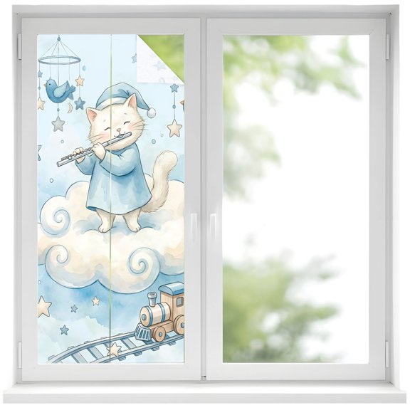 Window Privacy Film Blue Cartoon Cats Stained Glass Window Film Decorative Sun Block Window Cover Cute Cats Sleeping Dreams Clouds Window Clings Static Adhesive Sticker for Bathroom 17.7"x39.3"