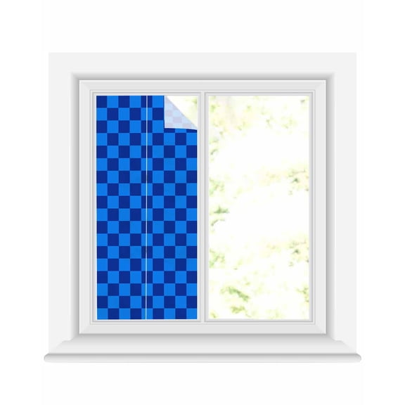 Window Privacy Film Blue Checkered Plaid Stained Glass Window Film Decorative Sun Block Window Cover Farmhouse Buffalo Plaid Window Clings Static Adhesive Sticker for Bathroom 17.7"x39.3"