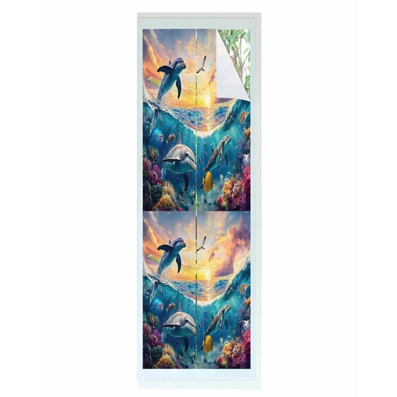 Window Privacy Film Blue Coastal Stained Glass Window Film Decorative Sun Block Window Cover Dolphin Summer Beach Nautical Ocean Window Clings Static Adhesive Sticker for Bathroom 29.5"x118"