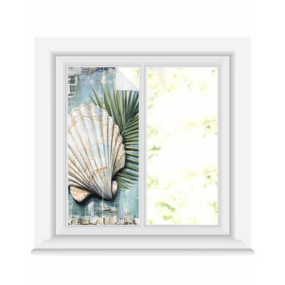 Window Privacy Film Blue Coastal Stained Glass Window Film Decorative Sun Block Window Cover Retro Botanical Beach Nautical Shell Window Clings Static Adhesive Sticker for Bathroom 17.7"x39.3"