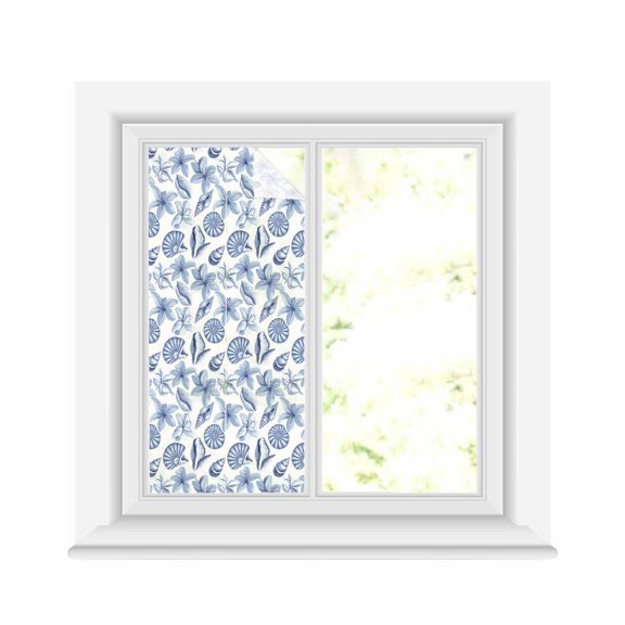 Window Privacy Film Blue Coastal Stained Glass Window Film Decorative Sun Block Window Cover Shell Floral Ocean Retro Window Clings Static Adhesive Sticker for Bathroom 17.7"x39.3"