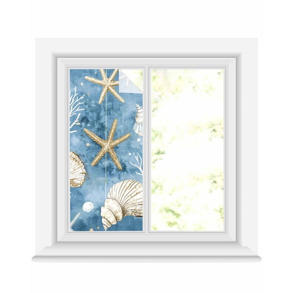 Window Privacy Film Blue Coastal Stained Glass Window Film Decorative Sun Block Window Cover Summer Beach Starfish Shell Sea Window Clings Static Adhesive Sticker for Bathroom 17.7"x39.3"