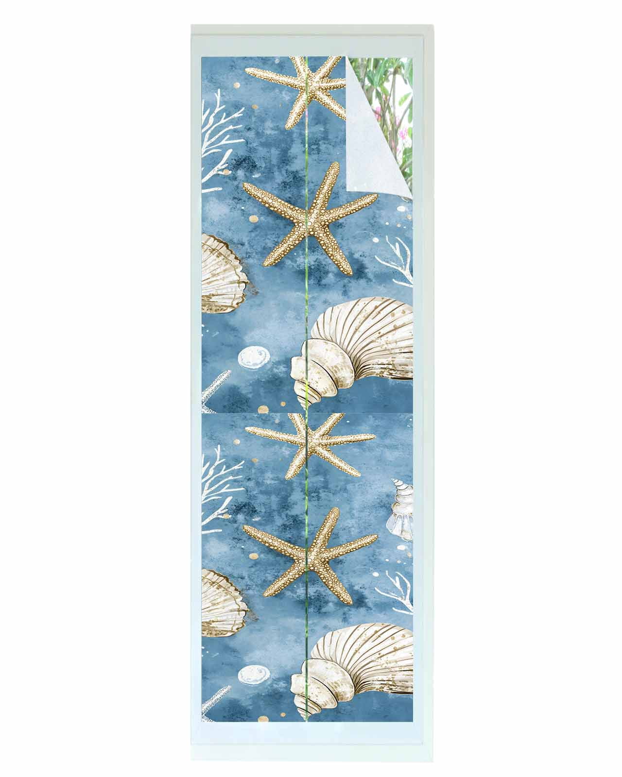 Window Privacy Film Blue Coastal Stained Glass Window Film Decorative Sun Block Window Cover Summer Beach Starfish Shell Sea Window Clings Static Adhesive Sticker for Bathroom 23.6"x78.7"
