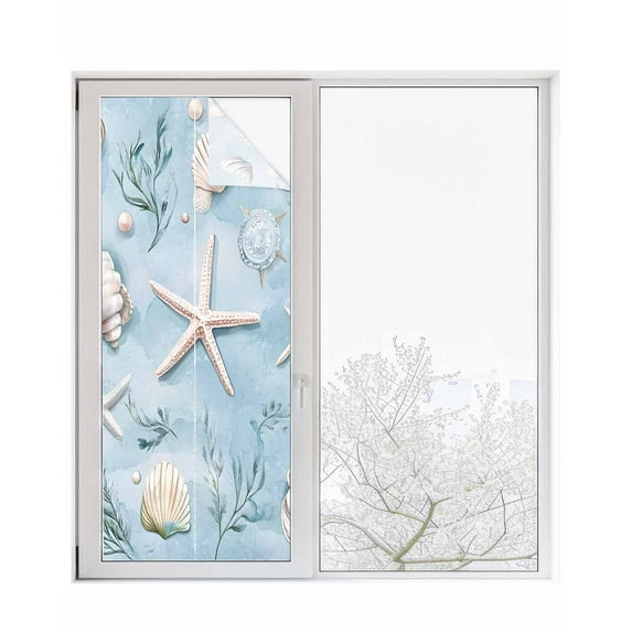 Window Privacy Film Blue Coastal Starfish Stained Glass Window Film Decorative Sun Block Window Cover Summer Beach Nautical Ocean Shell Window Clings Static Adhesive Sticker for Bathroom 23.6"x59"