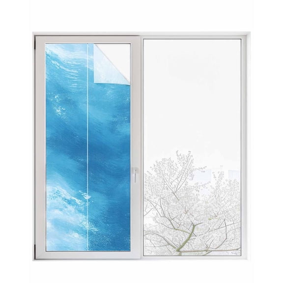 Window Privacy Film Blue Coastal Wave Stained Glass Window Film Decorative Sun Block Window Cover Summer Oil Painting Ocean Window Clings Static Adhesive Sticker for Bathroom 23.6"x59"