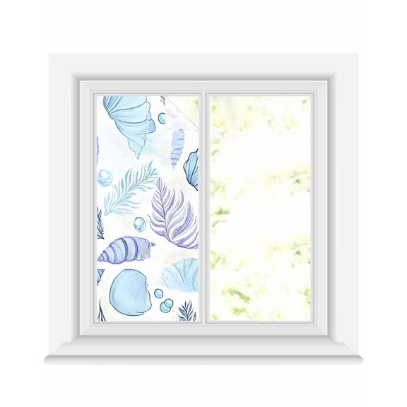 Window Privacy Film Blue Conch Coastal Stained Glass Window Film Decorative Sun Block Window Cover Shell Nautical Summer Beach Botanical Window Clings Static Adhesive Sticker for Bathroom 17.7"x39.3"