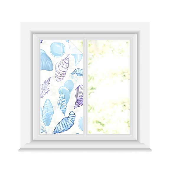 Window Privacy Film Blue Conch Coastal Stained Glass Window Film Decorative Sun Block Window Cover Shell Nautical Summer Beach Ocean Window Clings Static Adhesive Sticker for Bathroom 19.6"x39.3"
