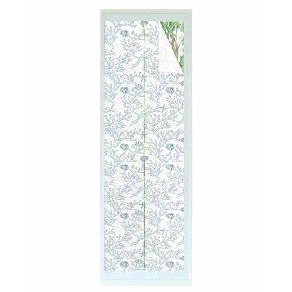 Window Privacy Film Blue Coral Coastal Stained Glass Window Film Decorative Sun Block Window Cover Vintage Starfish Conch Nautical Window Clings Static Adhesive Sticker for Bathroom 17.7"x78.7"