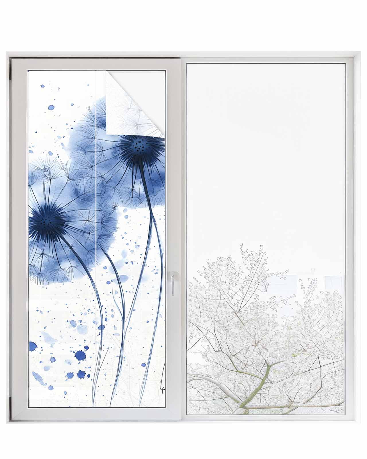 Window Privacy Film Blue Dandelion Stained Glass Window Film Decorative Sun Block Window Cover Contemporary Simple Watercolor Floral Window Clings Static Adhesive Sticker for Bathroom 23.6"x59"
