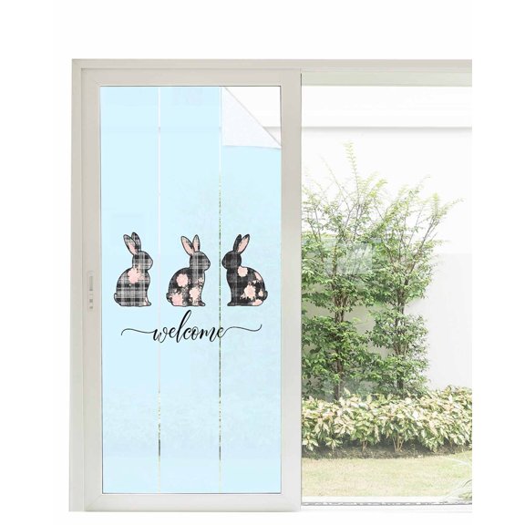 Window Privacy Film Blue Easter Stained Glass Window Film Decorative Sun Block Window Cover Spring Rabbit Plaid Flowers Animal Floral Window Clings Static Adhesive Sticker for Bathroom 35.4"x78.7"