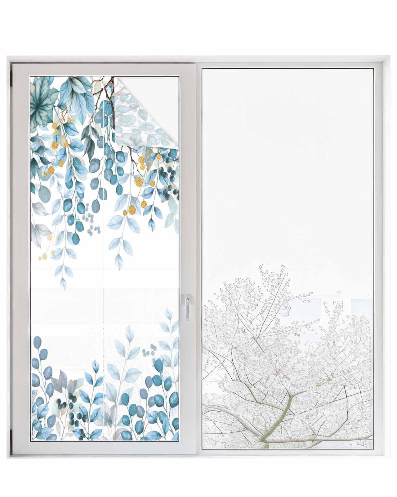 Window Privacy Film Blue Eucalyptus Leaves Stained Glass Window Film ...