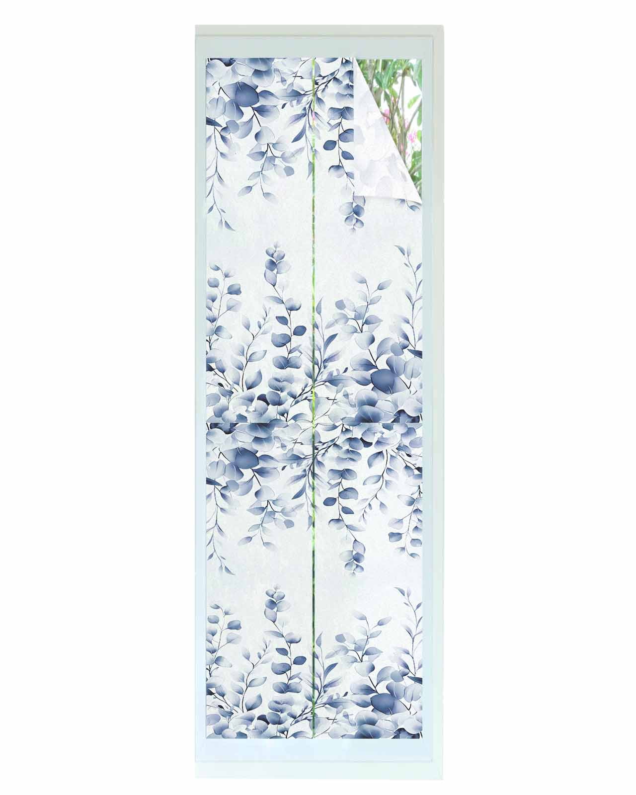 Window Privacy Film Blue Eucalyptus Leaves Stained Glass Window Film Decorative Sun Block Window Cover Watercolor Spring Botanical Window Clings Static Adhesive Sticker for Bathroom 17.7"x78.7"