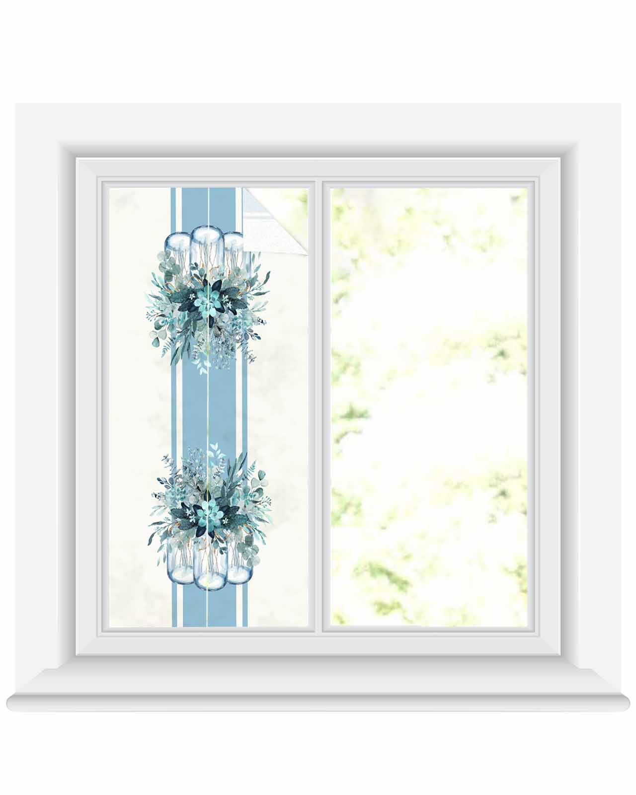 Window Privacy Film, Blue Eucalyptus UV Sun Blocking Window Tint Film Heat Control One Way Blackout Window Film, Spring Summer Floral Leaves Botanical Flowers Non Adhesive Static Cling 17.7x39.3 In