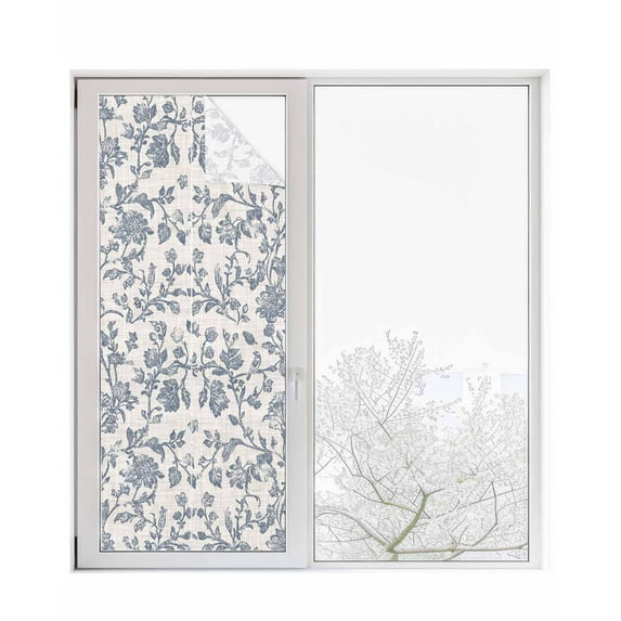 Window Privacy Film Blue Floral Stained Glass Window Film Decorative Sun Block Window Cover Farmhouse Vintage Flower Leaf Botanical Window Clings Static Adhesive Sticker for Bathroom 23.6"x59"