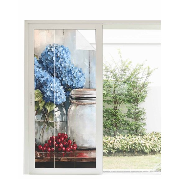 Window Privacy Film Blue Flower Stained Glass Window Film Decorative Sun Block Window Cover Modern Graffiti Paint Art Farmhouse Wood Grain Window Clings Static Sticker for Bathroom 35.4"x78.7"