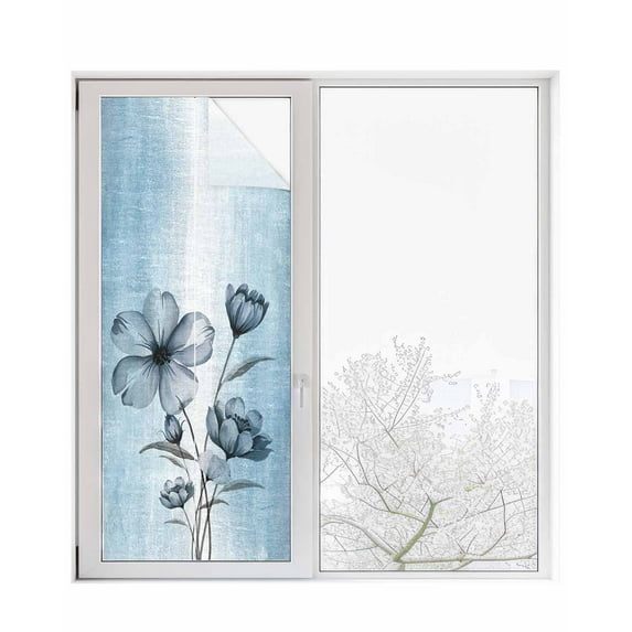 Window Privacy Film Blue Flower Stained Glass Window Film Decorative Sun Block Window Cover Retro Gradient Texture Painting Plant Leaf Window Clings Static Adhesive Sticker for Bathroom 23.6"x59"