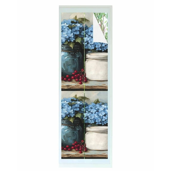 Window Privacy Film Blue Flower Stained Glass Window Film Decorative Sun Block Window Cover Vintage Hydrangeas Bottle Fruit Painting Window Clings Static Adhesive Sticker for Bathroom 23.6"x78.7"