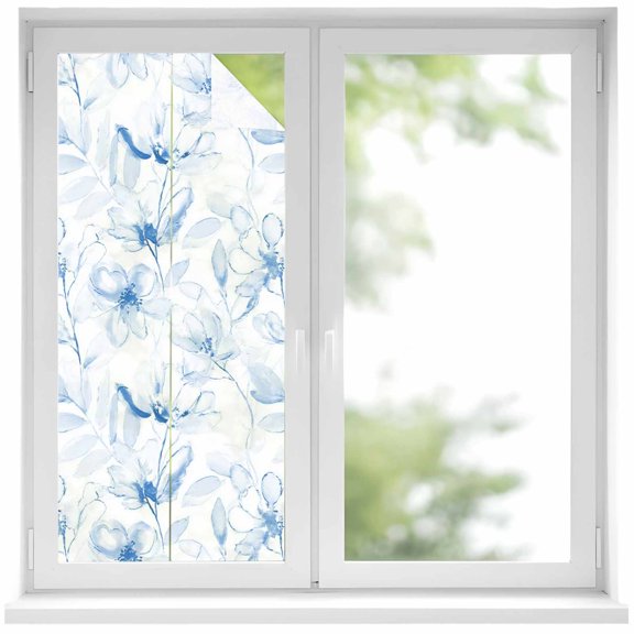 Window Privacy Film Blue Flower Stained Glass Window Film Decorative Sun Block Window Cover Watercolor Floral Botanical Line Drawing Print Window Clings Static Sticker for Bathroom 17.7"x39.3"