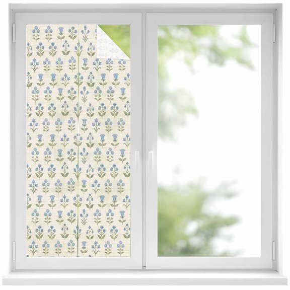 Window Privacy Film Blue Flowers Stained Glass Window Film Decorative Sun Block Window Cover Nature Seasonal Botanical Floral Herbs Window Clings Static Adhesive Sticker for Bathroom 19.6"x39.3"