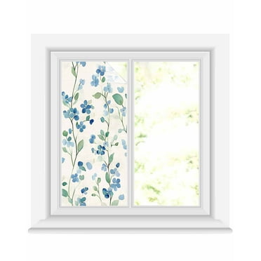 Window Privacy Film Blue Flowers Stained Glass Window Film Decorative Sun Block Window Cover Spring Blooms Botanicals Floral Motif Window Clings Static Adhesive Sticker for Bathroom 19.6"x39.3"