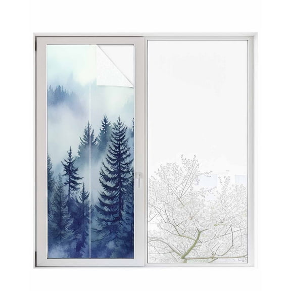 Window Privacy Film Blue Foggy Forest Stained Glass Window Film Decorative Sun Block Window Cover Watercolor Botanical Trees Landscape Window Clings Static Adhesive Sticker for Bathroom 23.6"x59"