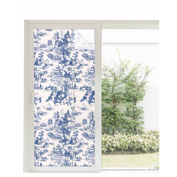 Window Privacy Film Blue Garden Retro Stained Glass Window Film Decorative Sun Block Window Cover Modern Art Building Tree Boat Window Clings Static Adhesive Sticker for Bathroom 35.4"x78.7"