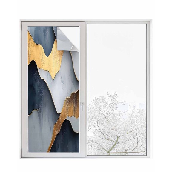 Window Privacy Film Blue Gold Gray Marble Stained Glass Window Film Decorative Sun Block Window Cover Modern Abstract Mountain Art Window Clings Static Adhesive Sticker for Bathroom 23.6"x59"