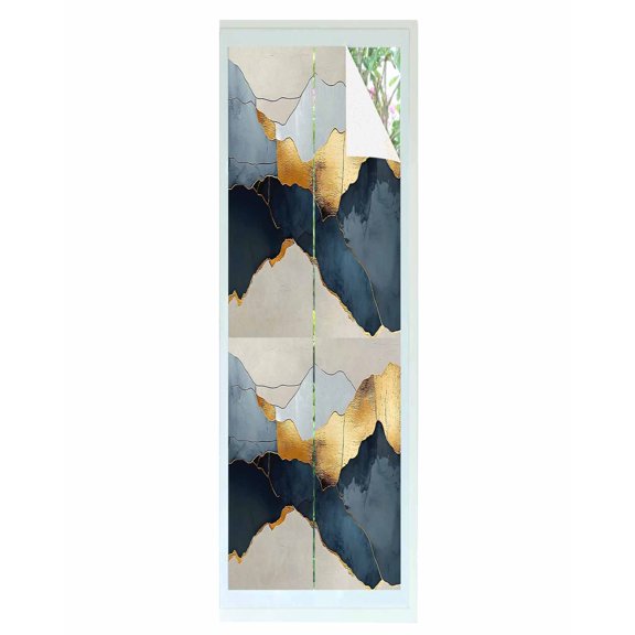 Window Privacy Film Blue Gold Mountain Stained Glass Window Film Decorative Sun Block Window Cover Country Abstract Marble Texture Window Clings Static Adhesive Sticker for Bathroom 17.7"x78.7"